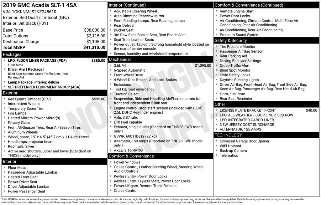 Used 2019 GMC Acadia SLT w/ LPO, Floor Liner Package image 3