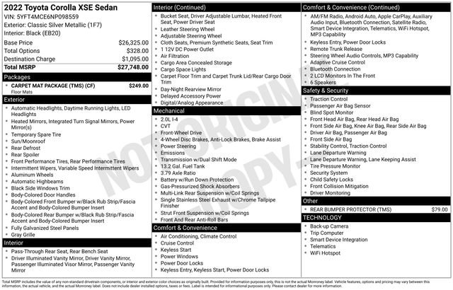 Used 2022 Toyota Corolla XSE w/ Carpet Mat Package (TMS) FWD image 46