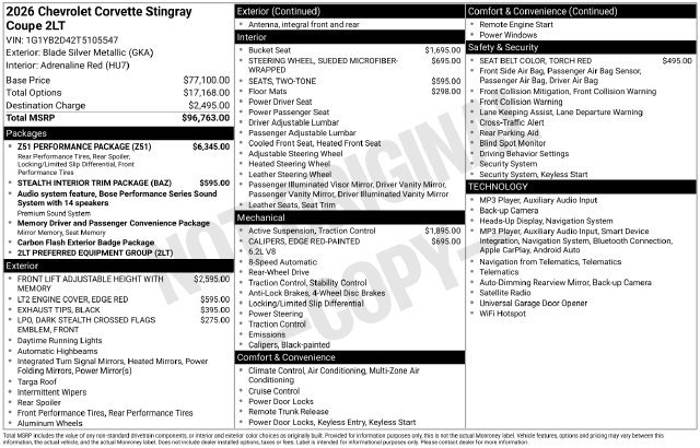 Certified 2026 Chevrolet Corvette Stingray Preferred Cpe w/ Z51 Performance Package RWD image 39