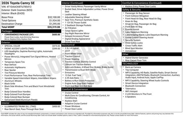 New 2026 Toyota Camry SE w/ Convenience Package FWD image 15