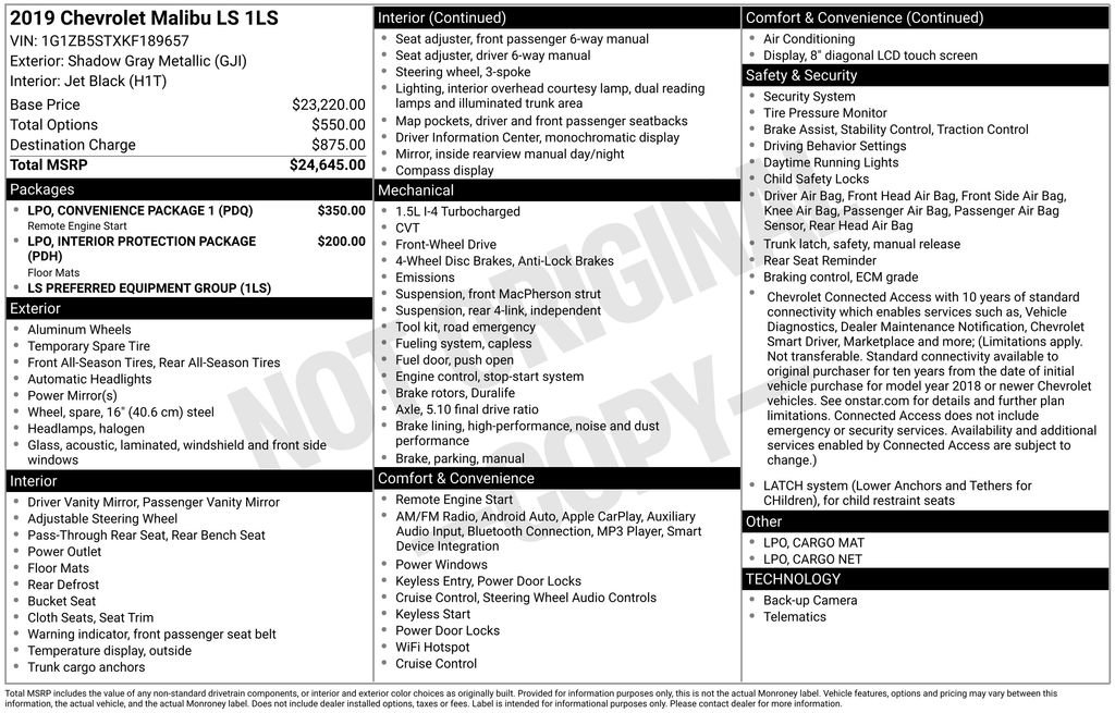Used 2019 Chevrolet Malibu LS w/ LPO, Convenience Package 1 image 12