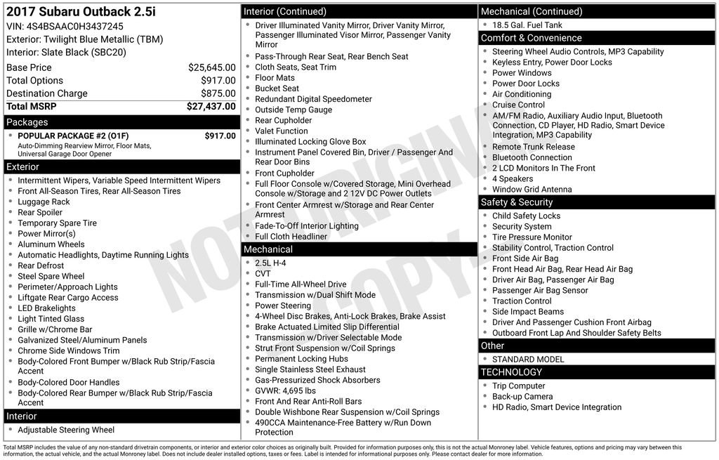 Used 2017 Subaru Outback 2.5i w/ Popular Package #2 AWD/4WD image 6