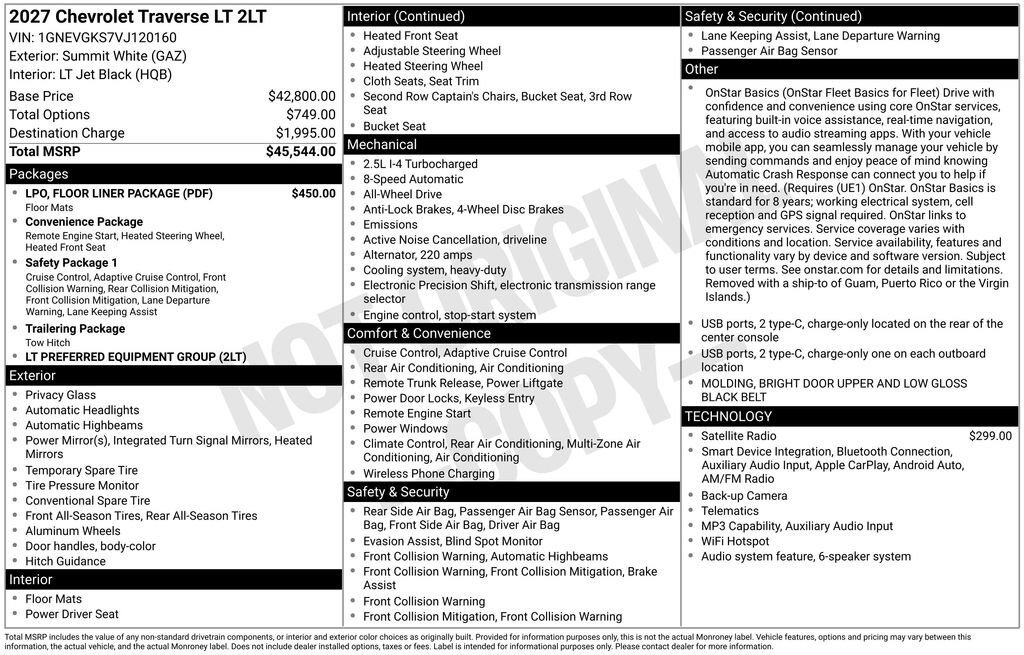 New 2027 Chevrolet Traverse LT w/ LPO, Floor Liner Package AWD/4WD image 4