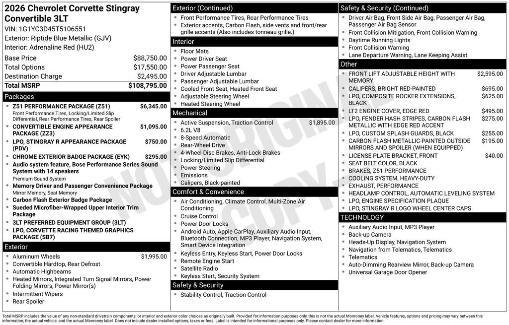 New 2026 Chevrolet Corvette Stingray Premium Conv w/ Z51 Performance Package image 6
