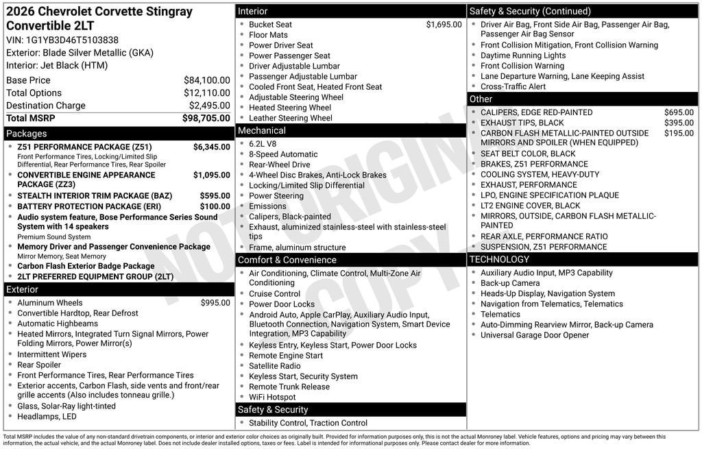 New 2026 Chevrolet Corvette Stingray Preferred Conv w/ Z51 Performance Package RWD image 11