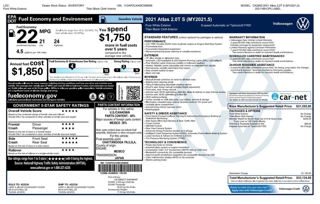 Used 2021 Volkswagen Atlas S FWD image 3
