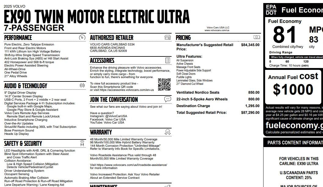 Used 2025 Volvo EX90 Ultra AWD/4WD image 3
