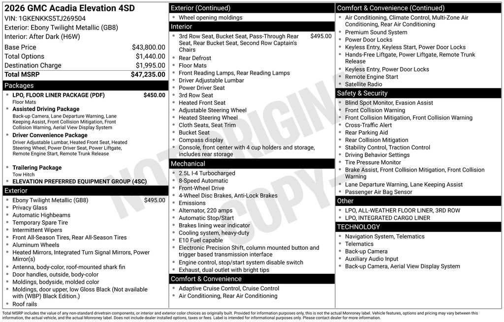 New 2026 GMC Acadia Elevation w/ LPO, Floor Liner Package FWD image 10