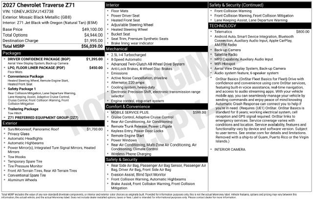 New 2027 Chevrolet Traverse Z71 w/ Driver Confidence Package AWD/4WD image 4