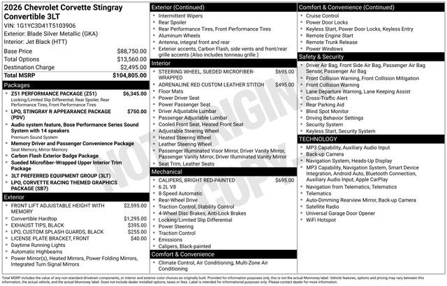New 2026 Chevrolet Corvette Stingray Premium Conv w/ Z51 Performance Package RWD image 38