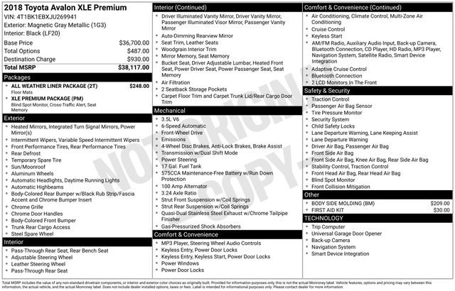 Used 2018 Toyota Avalon XLE Premium w/ All Weather Liner Package image 7