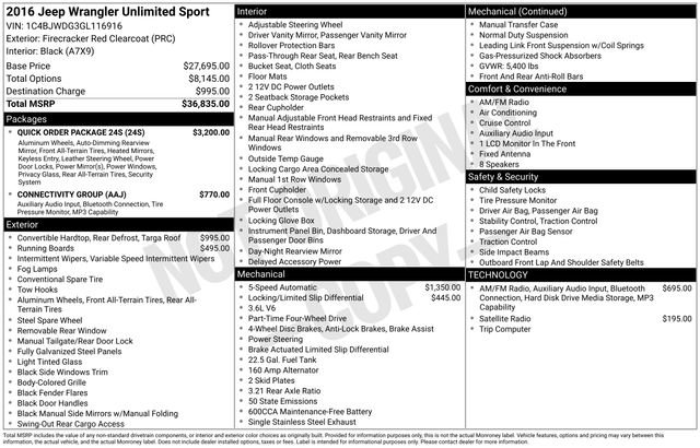 Used 2016 Jeep Wrangler Unlimited Sport w/ Quick Order Package 24S AWD/4WD image 6