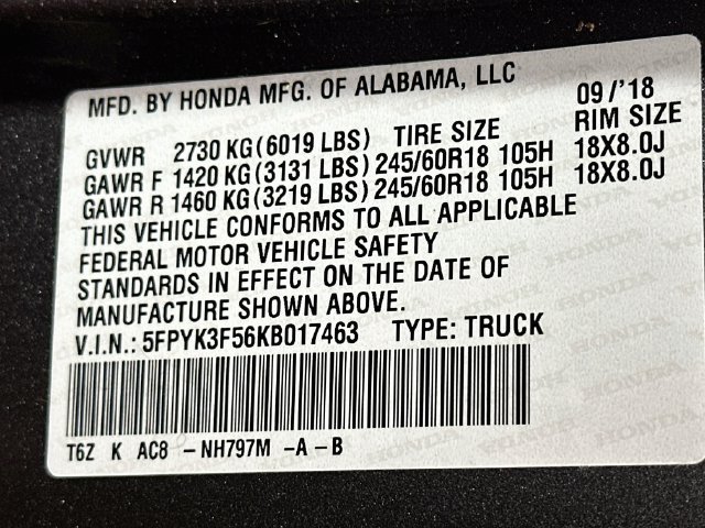 Certified 2019 Honda Ridgeline RTL image 33