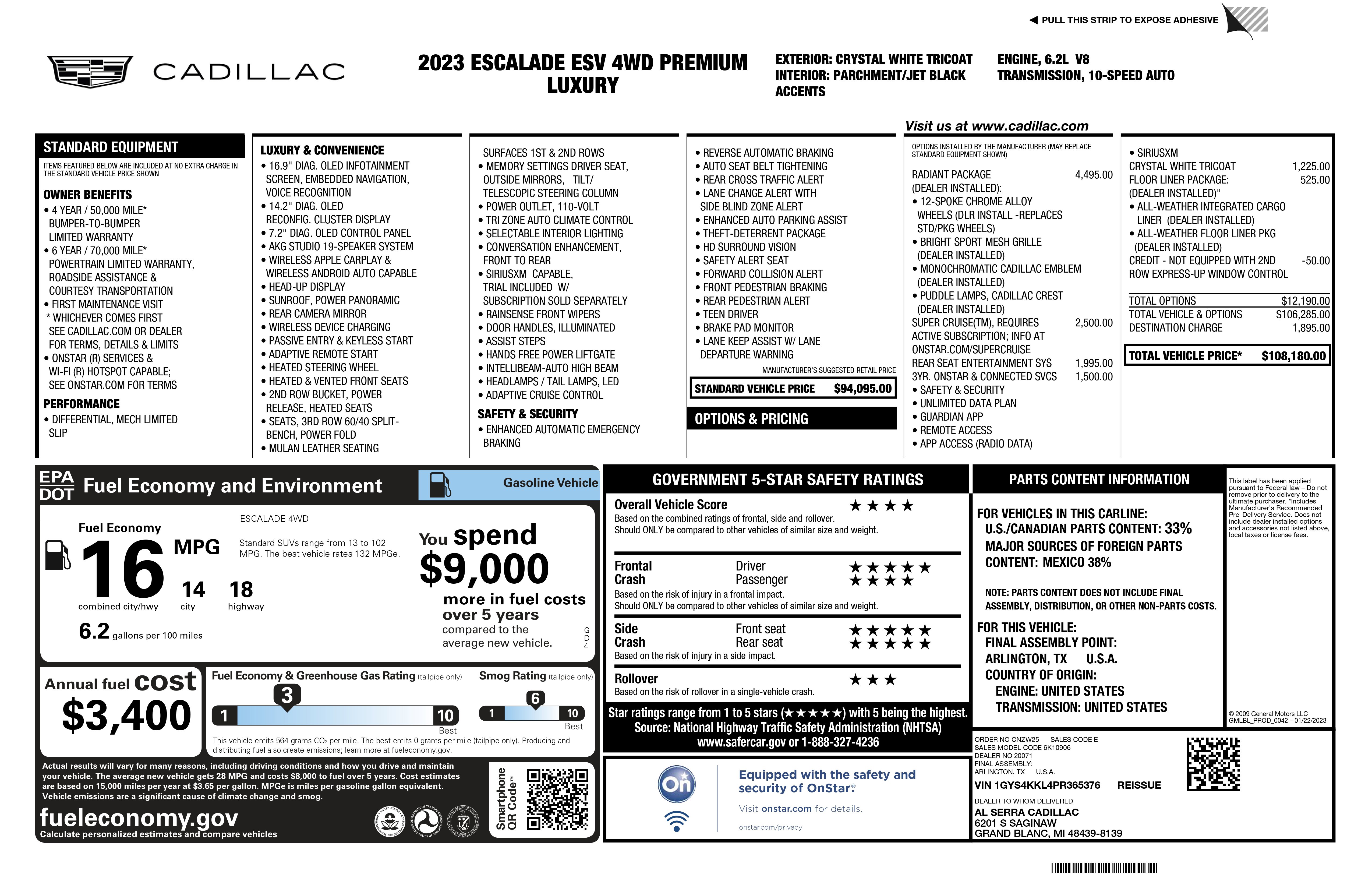 Certified 2023 Cadillac Escalade ESV Premium Luxury w/ LPO, Radiant Package AWD/4WD image 2