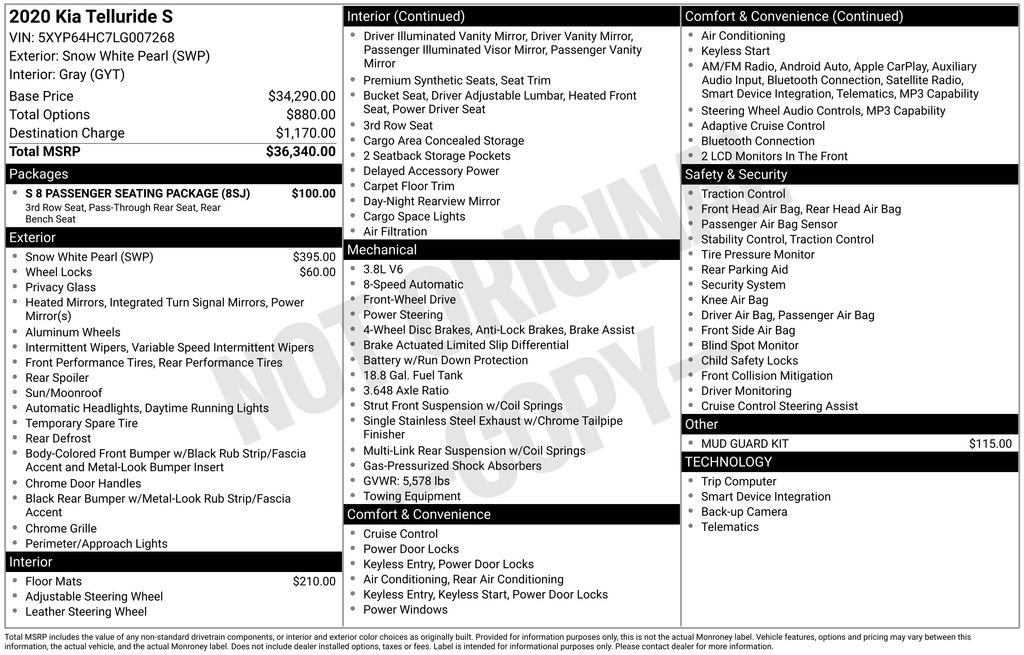 Used 2020 Kia Telluride S w/ S 8 Passenger Seating Package FWD image 40