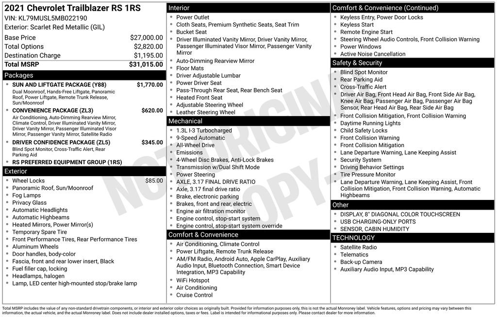 Certified 2021 Chevrolet TrailBlazer RS w/ Sun and Liftgate Package AWD/4WD image 7