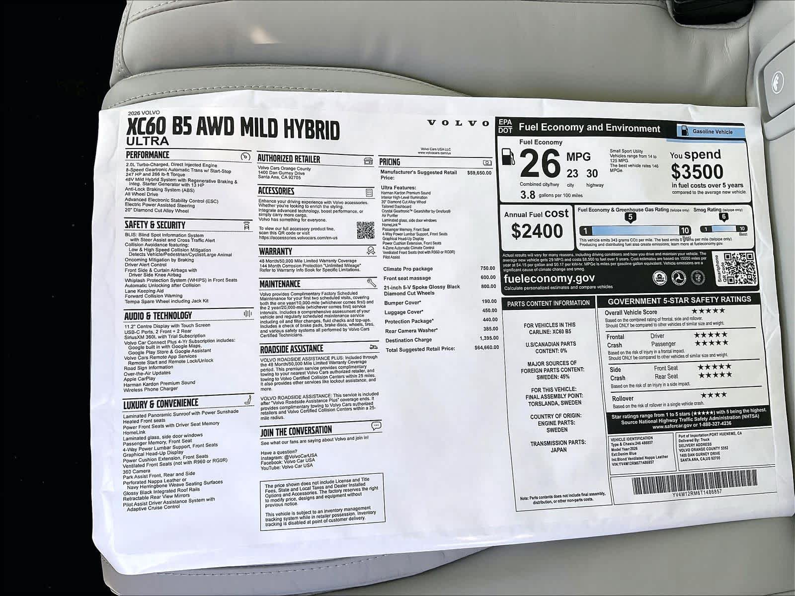 New 2026 Volvo XC60 B5 Ultra w/ Climate Package PRO AWD/4WD image 37