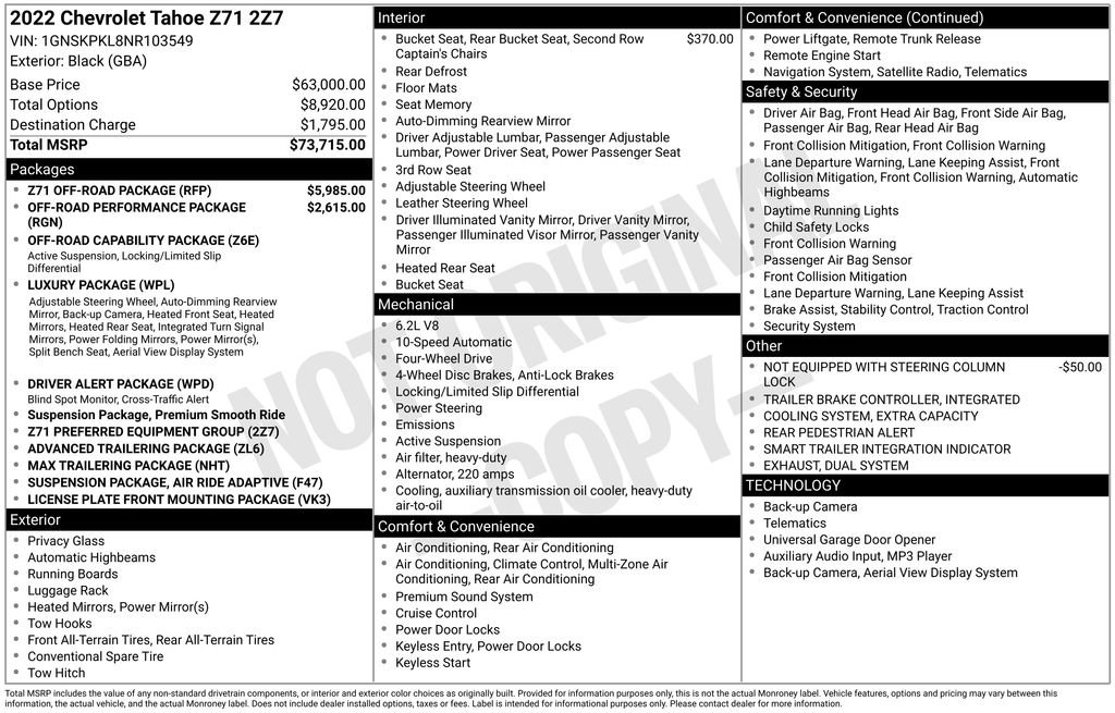 Used 2022 Chevrolet Tahoe Z71 w/ Z71 Off-Road Package image 7