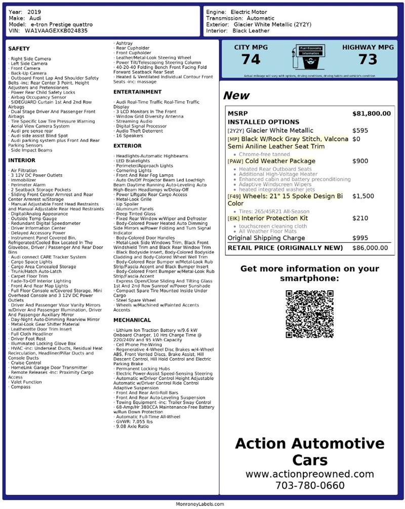 Used 2019 Audi e-tron Prestige w/ Prestige Package AWD/4WD image 2