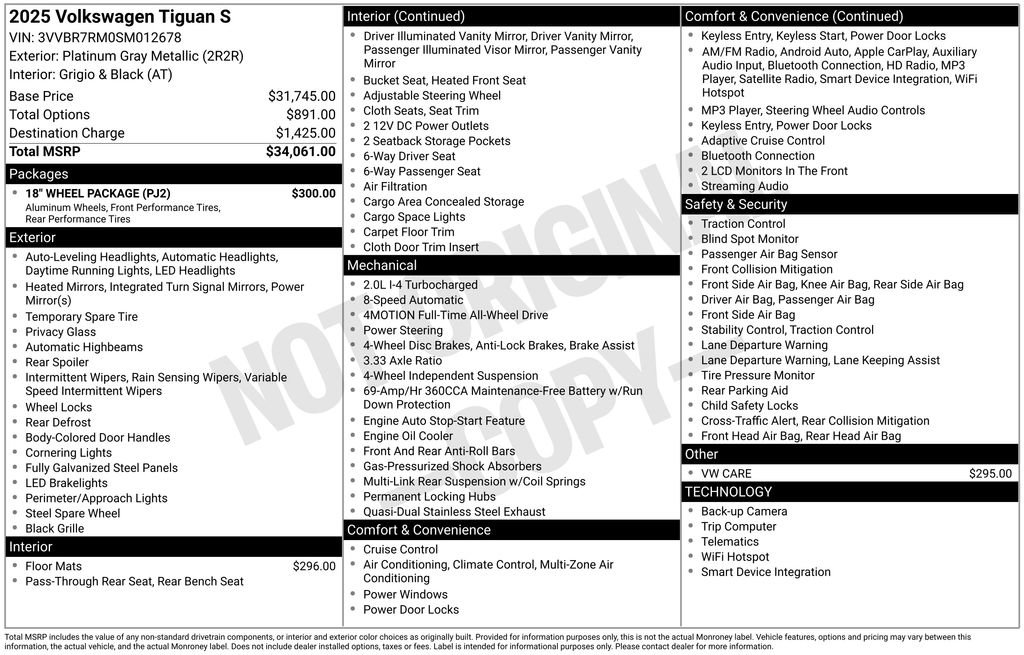 Used 2025 Volkswagen Tiguan S w/ 18" Wheel Package image 7