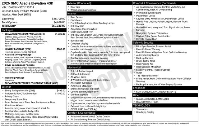 New 2026 GMC Acadia Elevation w/ Elevation Premium Package