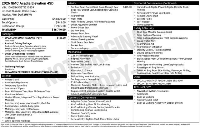 New 2026 GMC Acadia Elevation w/ LPO, Floor Liner Package FWD image 3