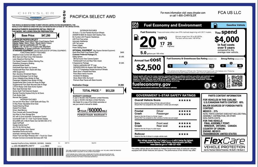 New 2026 Chrysler Pacifica Select w/ S Appearance Package image 2