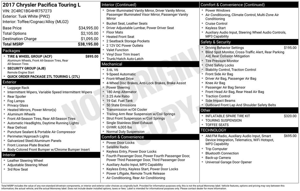 Used 2017 Chrysler Pacifica Touring-L w/ Tire & Wheel Group FWD image 32