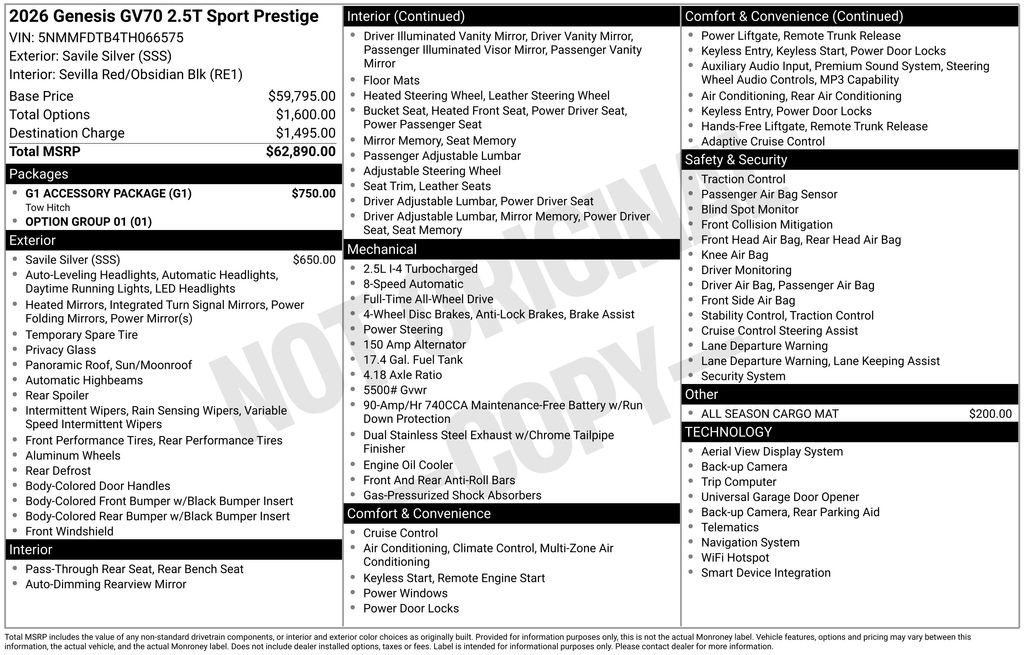New 2026 Genesis GV70 2.5T Sport Prestige w/ G1 Accessory Package AWD/4WD image 8