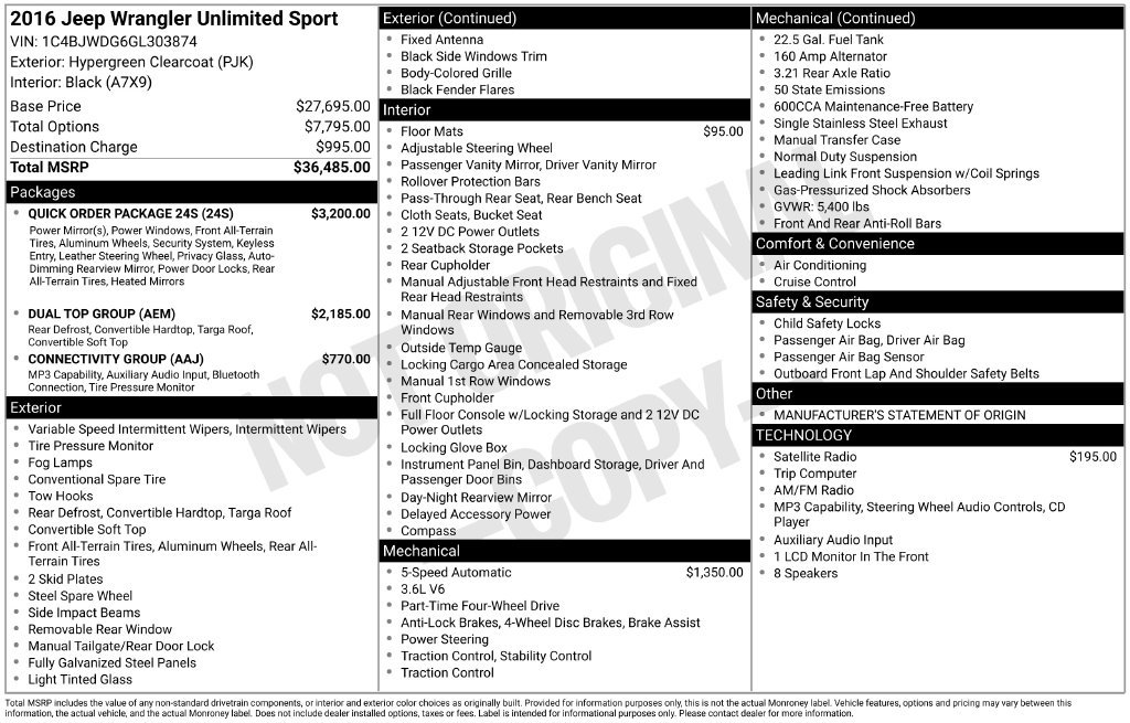 Used 2016 Jeep Wrangler Unlimited Sport w/ Quick Order Package 24S AWD/4WD image 5