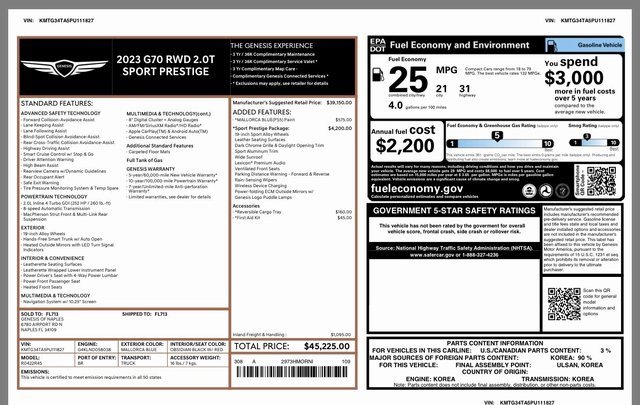 Used 2023 Genesis G70 2.0T w/ Sport Prestige Package image 4