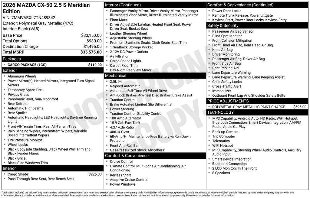 New 2026 MAZDA CX-50 Meridian Edition w/ Cargo Package AWD/4WD image 6
