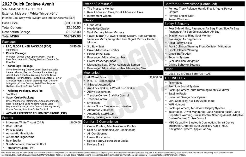 New 2027 Buick Enclave Avenir w/ LPO, Floor Liner Package AWD/4WD image 10