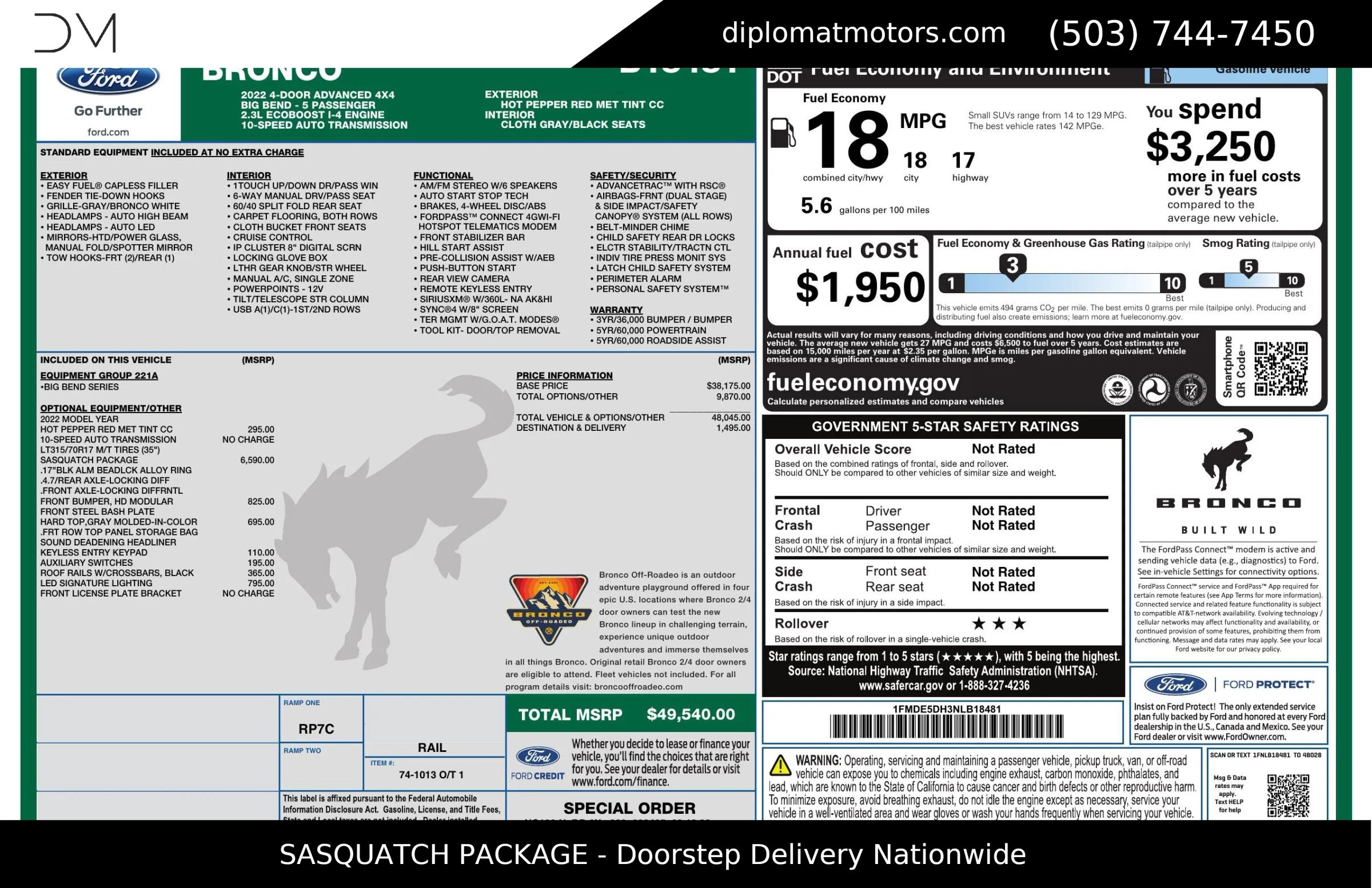 Used 2022 Ford Bronco Big Bend w/ Sasquatch Package image 2