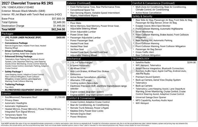New 2027 Chevrolet Traverse RS w/ LPO, Floor Liner Package AWD/4WD image 2