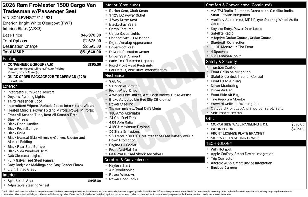 New 2026 RAM ProMaster 1500 w/ Convenience Group FWD image 30