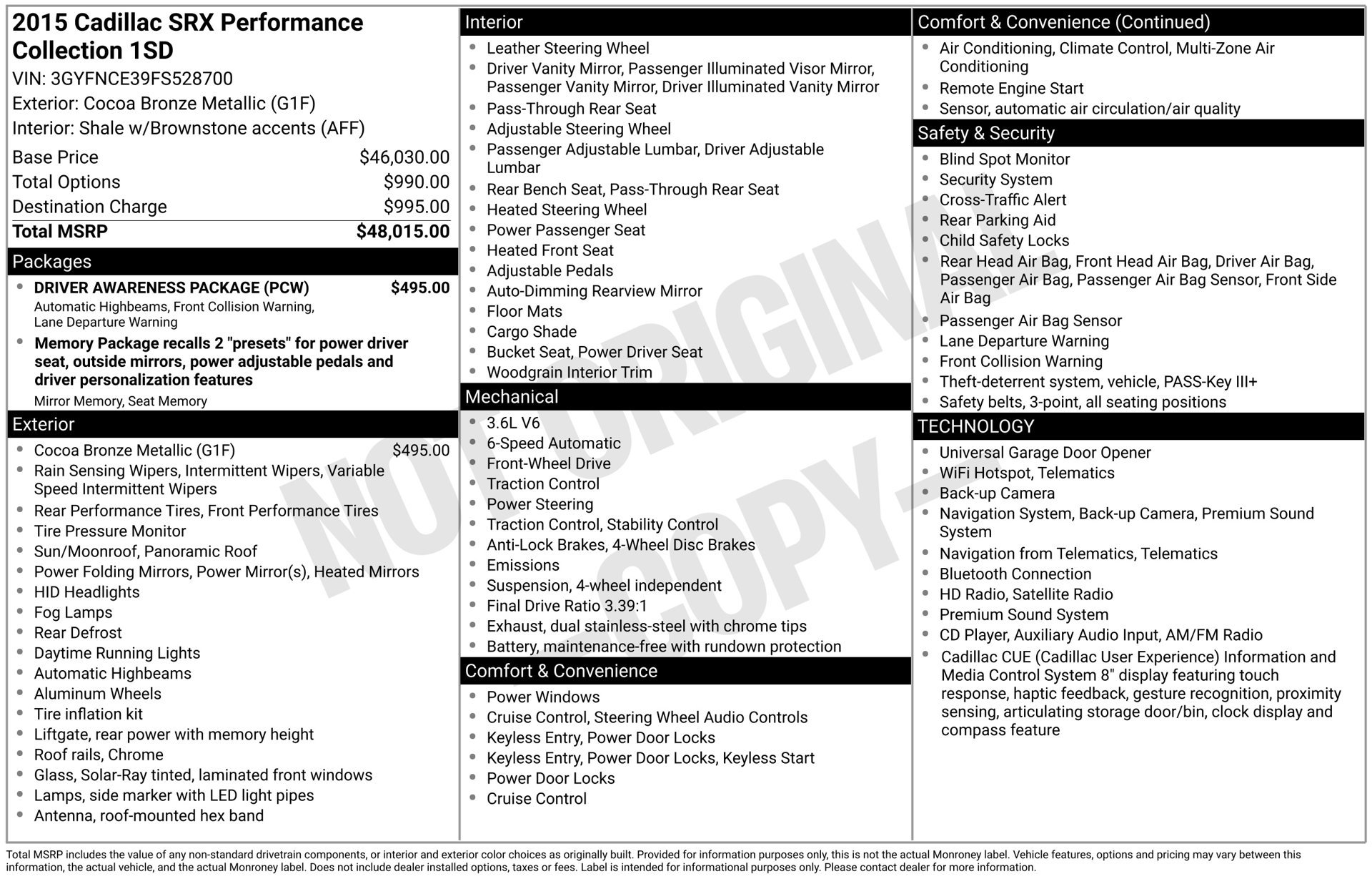 Used 2015 Cadillac SRX Performance w/ Driver Awareness Package FWD image 34