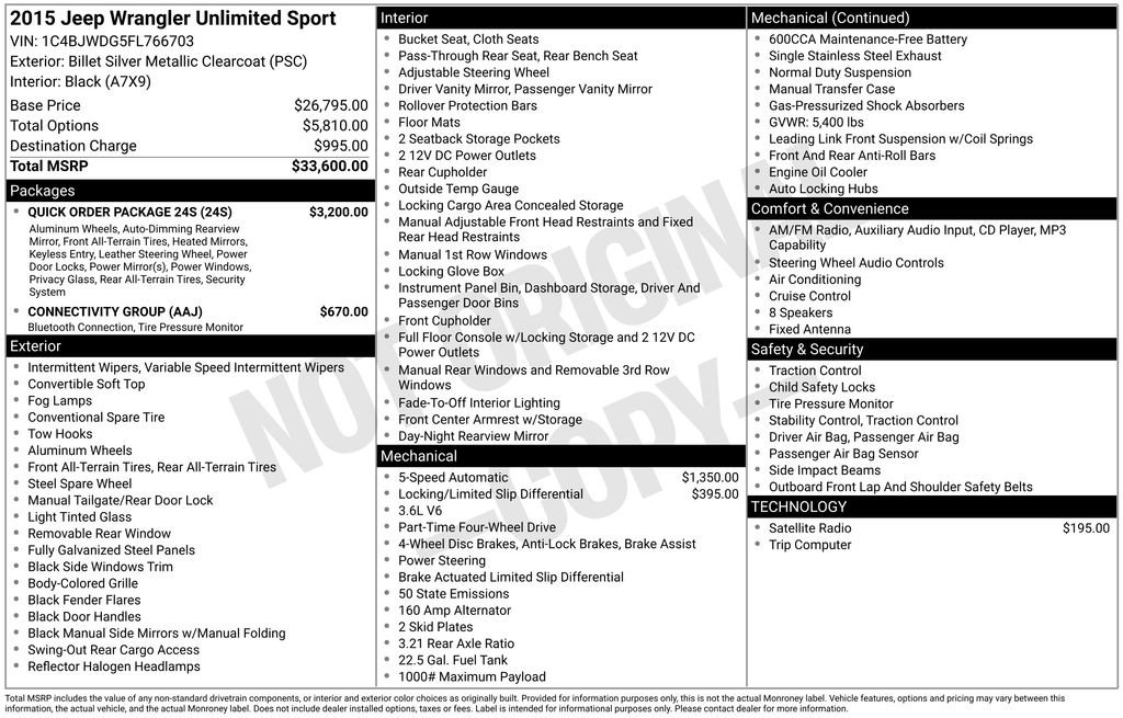Used 2015 Jeep Wrangler Unlimited Sport w/ Quick Order Package 24S AWD/4WD image 34