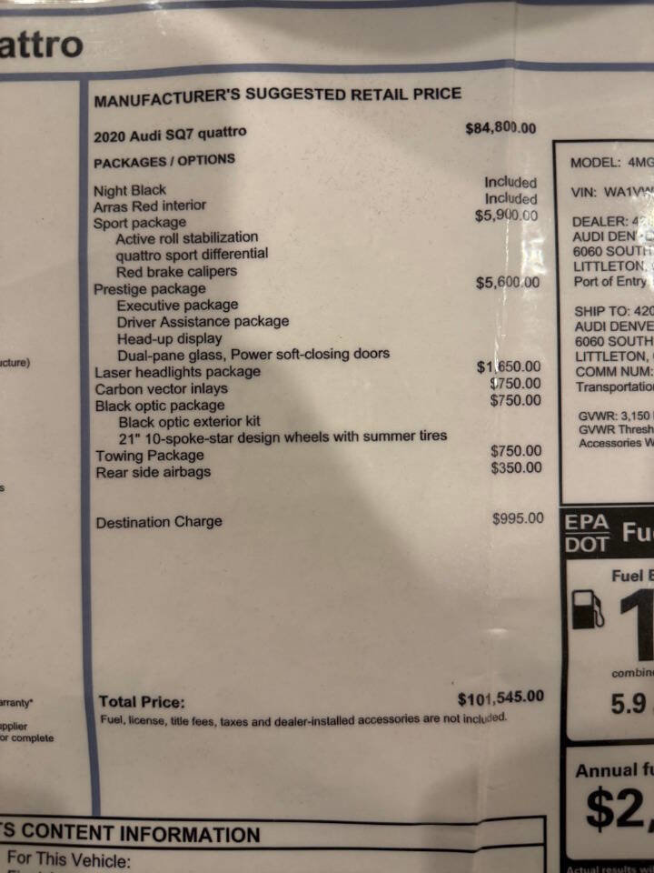 Used 2020 Audi SQ7 Prestige w/ S Sport Package image 2