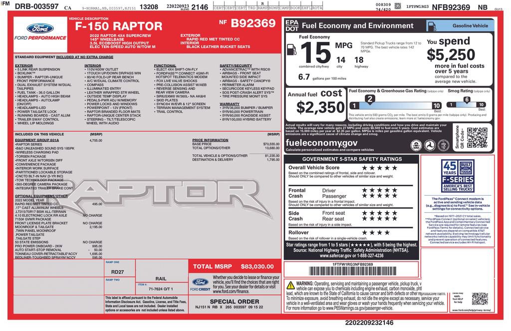 Used 2022 Ford F150 Raptor w/ Equipment Group 801A High image 2