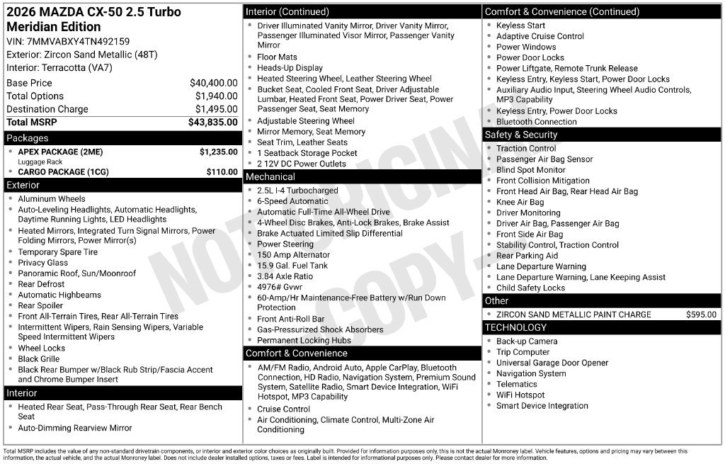 New 2026 MAZDA CX-50 Meridian Edition w/ Apex Package AWD/4WD image 7