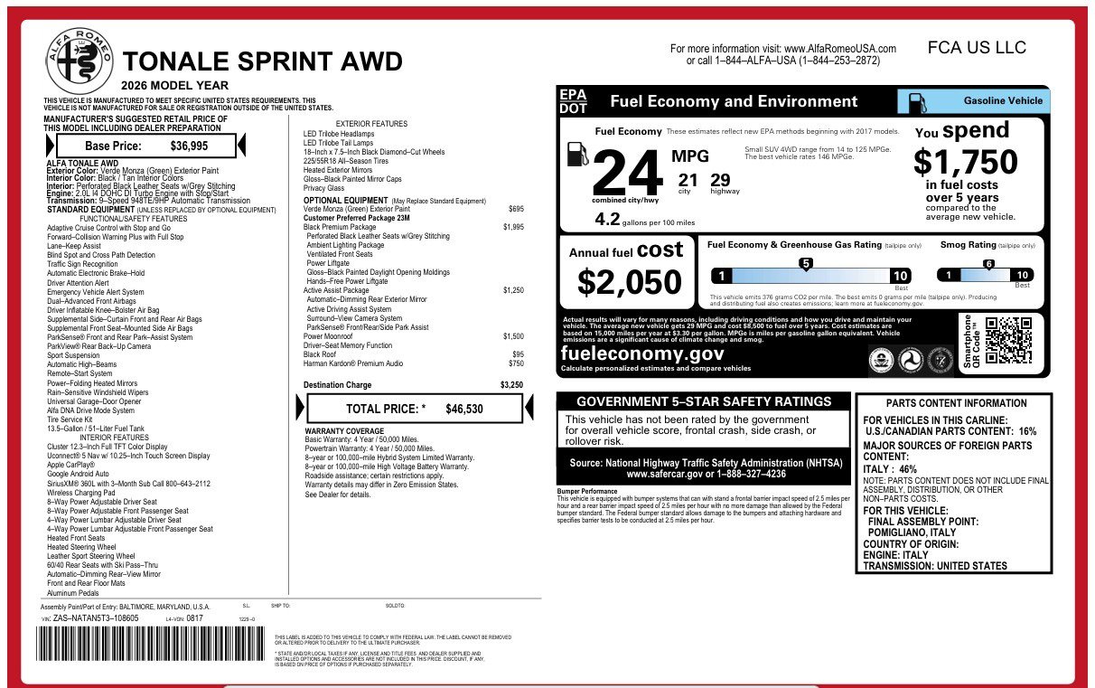New 2026 Alfa Romeo Tonale Sprint w/ Black Premium Package AWD/4WD image 25