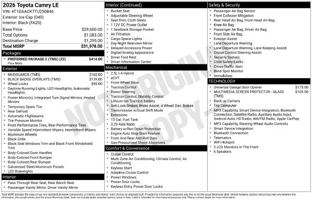 Certified 2026 Toyota Camry LE w/ Preferred Package 2 (TMS) FWD image 31