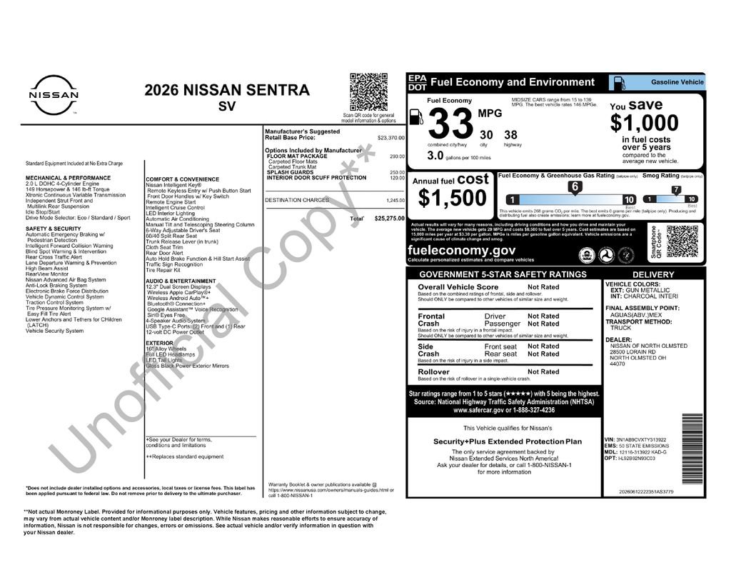 New 2026 Nissan Sentra SV w/ Floor Mat Package FWD image 2