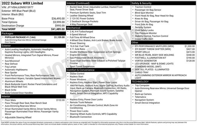 Used 2022 Subaru WRX Limited w/ Popular Package #1 image 2