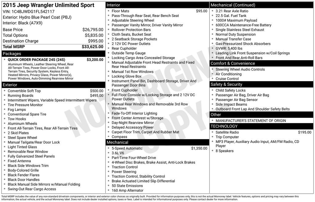 Used 2015 Jeep Wrangler Unlimited Sport w/ Quick Order Package 24S AWD/4WD image 6