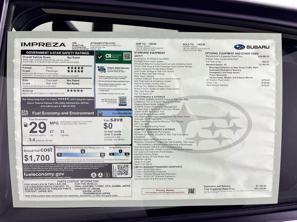 New 2026 Subaru Impreza 2.0i Sport image 24