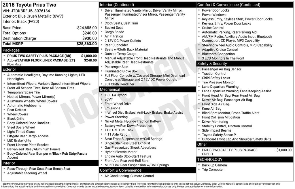 Used 2018 Toyota Prius Two w/ Prius Two Safety Plus Package FWD image 5