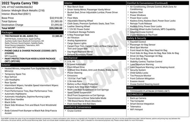 Used 2022 Toyota Camry TRD w/ TRD Package w/JBL Audio FWD image 10