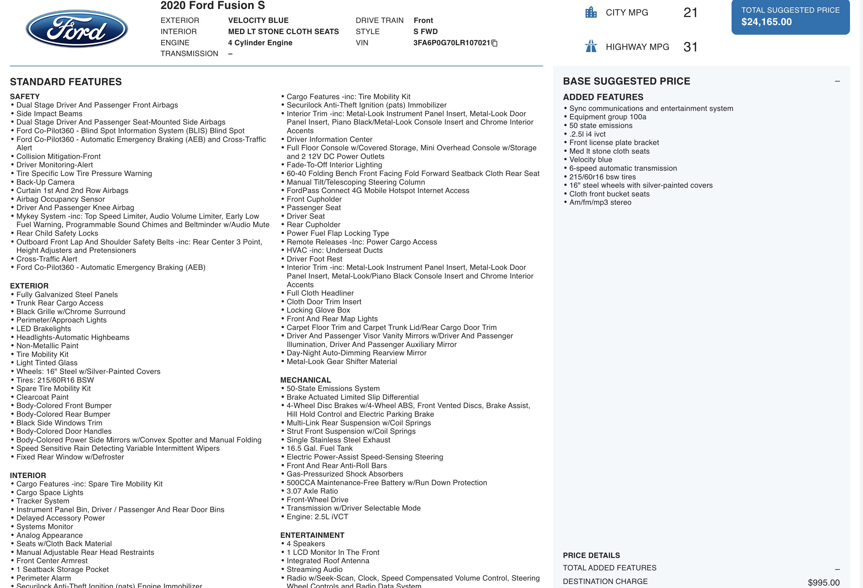 Used 2020 Ford Fusion S image 5